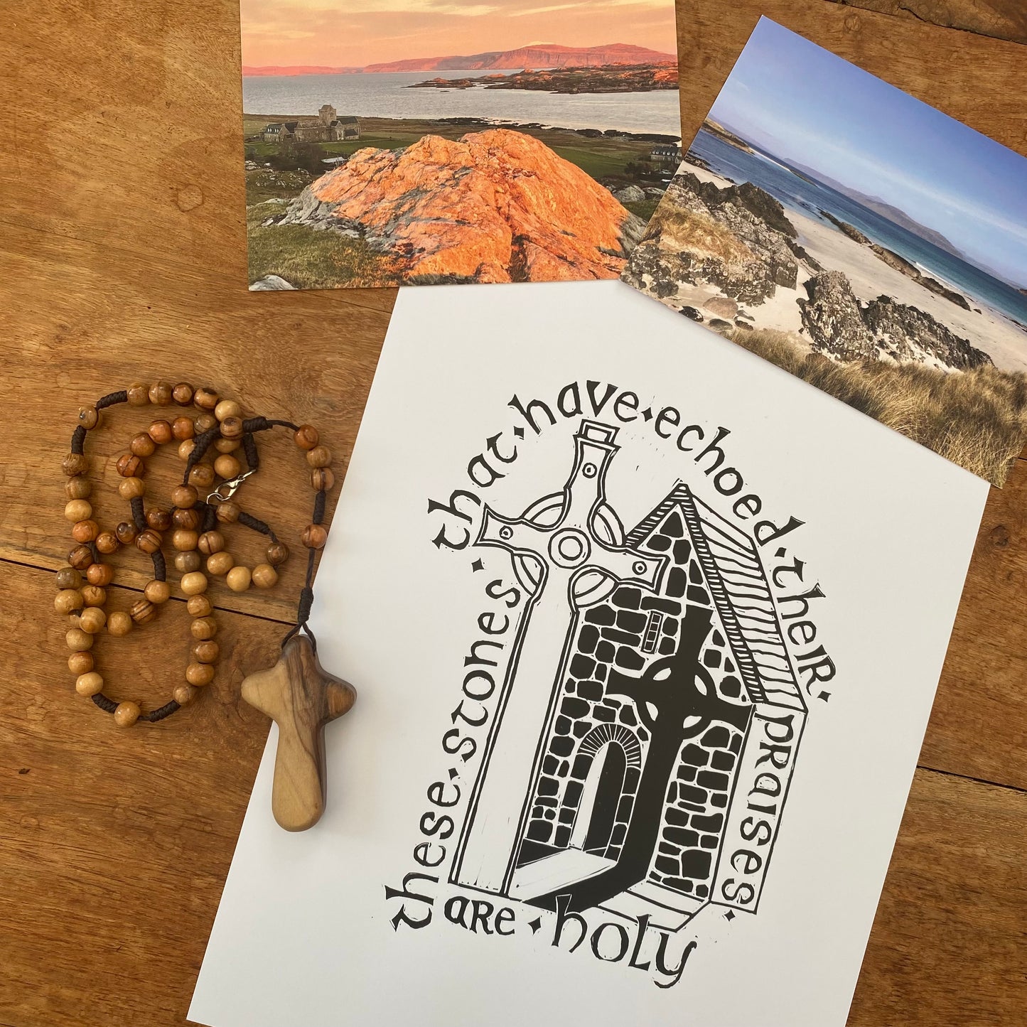 'Holy Ground' A4 Linocut St Columba’s Shrine Iona Abbey