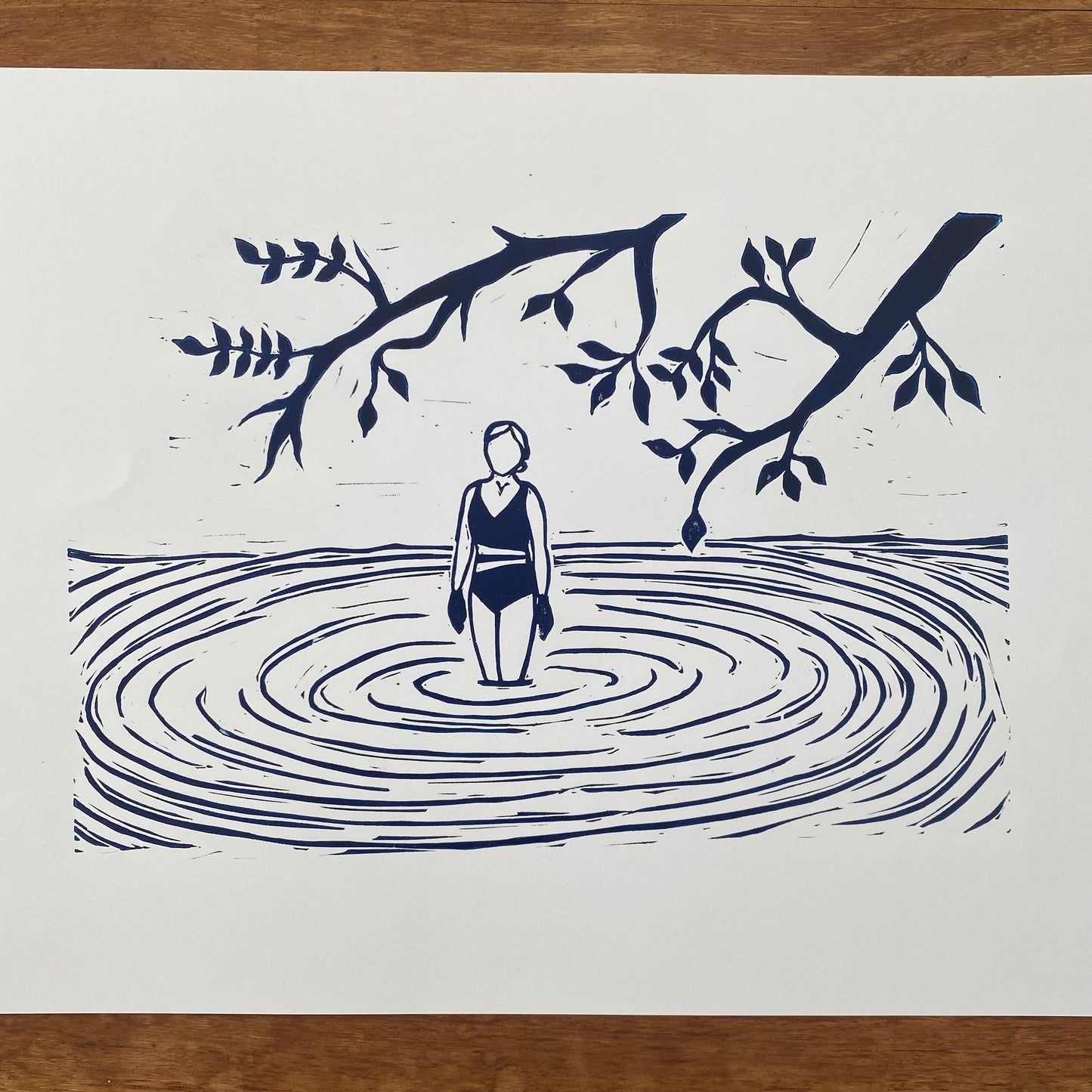 'Among the trees' A4 Linocut Print Wild Swimming Loughrigg Tarn
