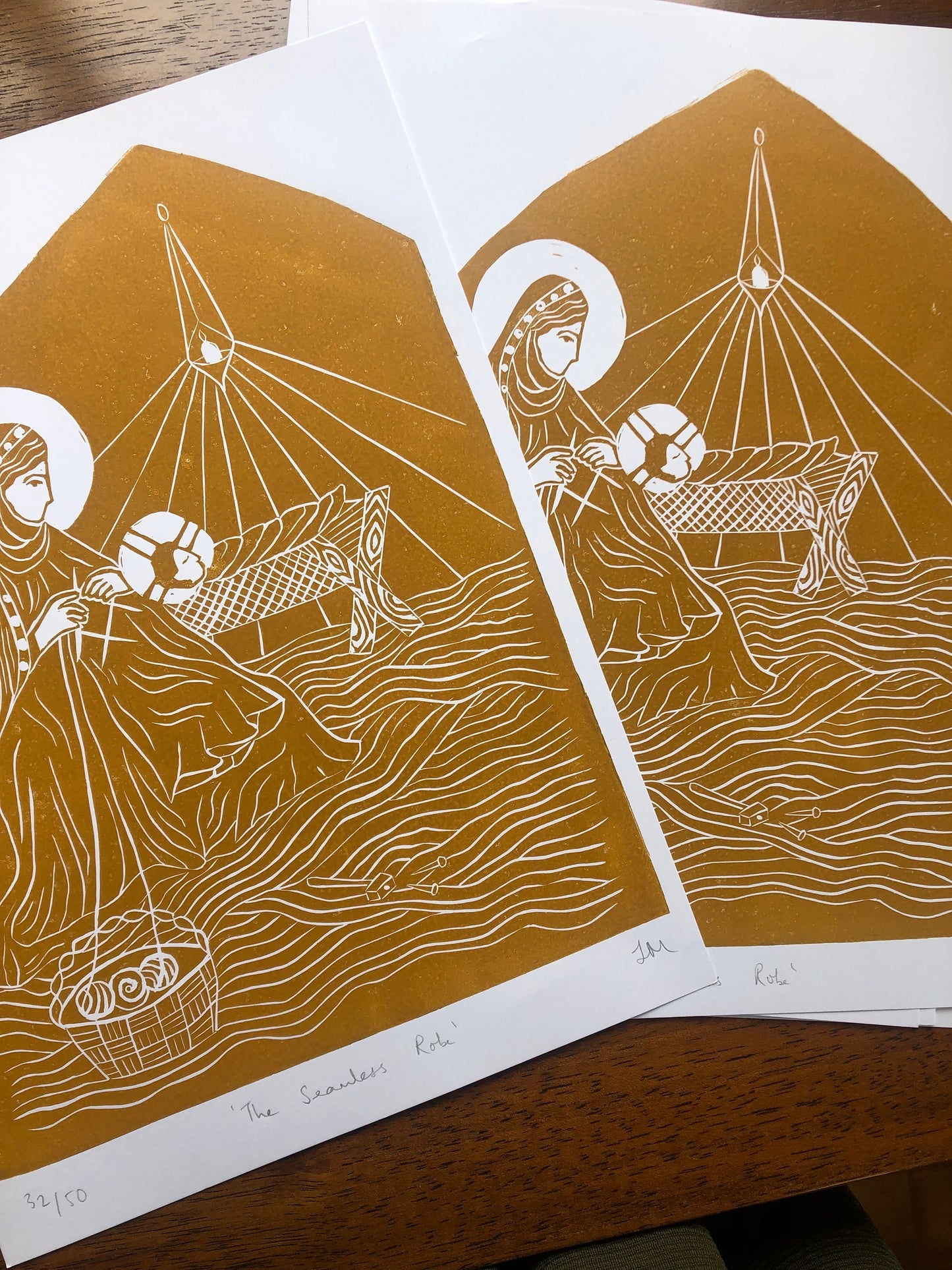'The Seamless Robe' A4 Linocut Print (Knitting Madonna)