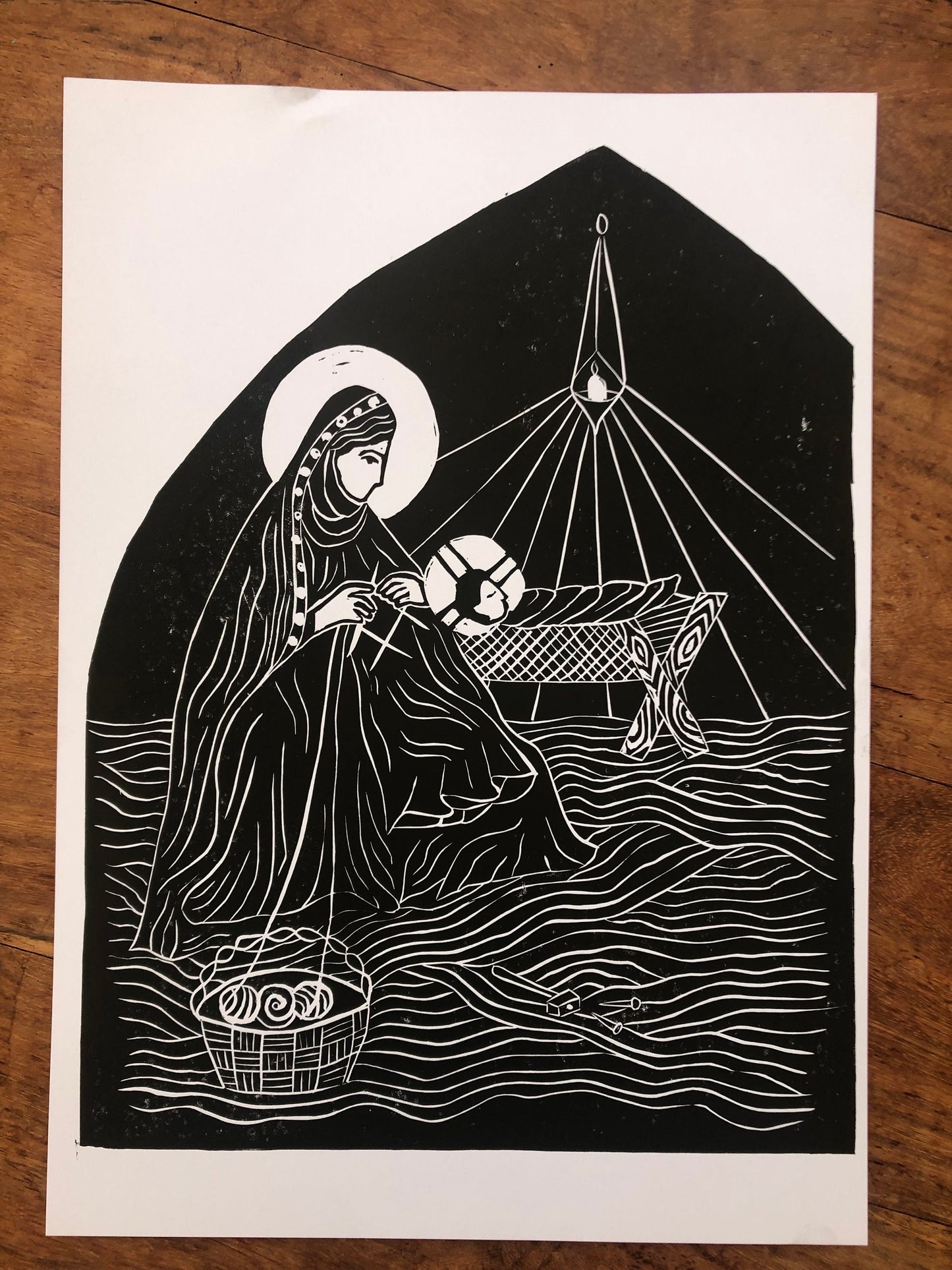 'The Seamless Robe' A4 Linocut Print (Knitting Madonna)