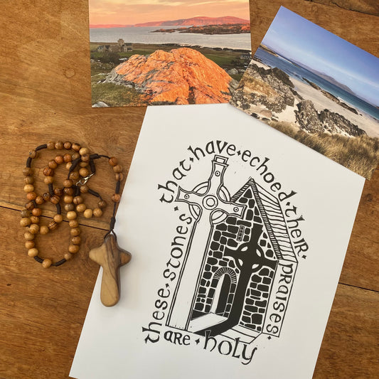 'Holy Ground' A4 Linocut St Columba’s Shrine Iona Abbey