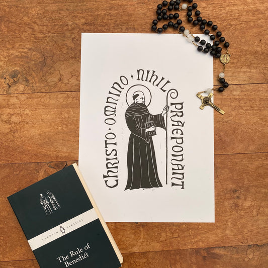 St Benedict A4 Linocut ‘Let them prefer nothing whatever to Christ’