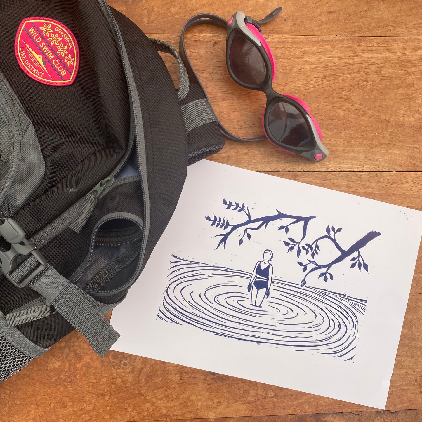 'Among the trees' A4 Linocut Print Wild Swimming Loughrigg Tarn