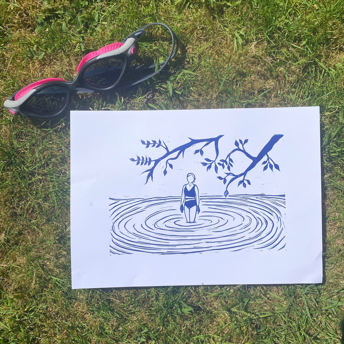 'Among the trees' A4 Linocut Print Wild Swimming Loughrigg Tarn