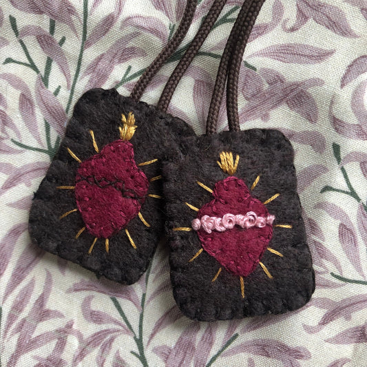 Hand-embroidered Two Hearts Scapular Wool Felt