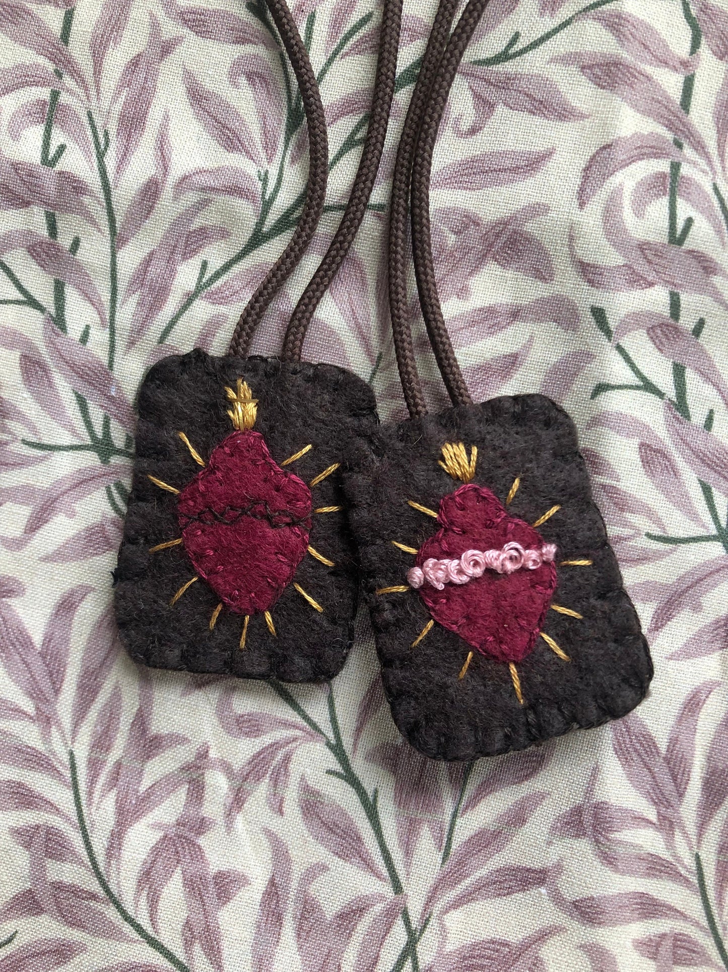 Hand-embroidered Two Hearts Scapular Wool Felt