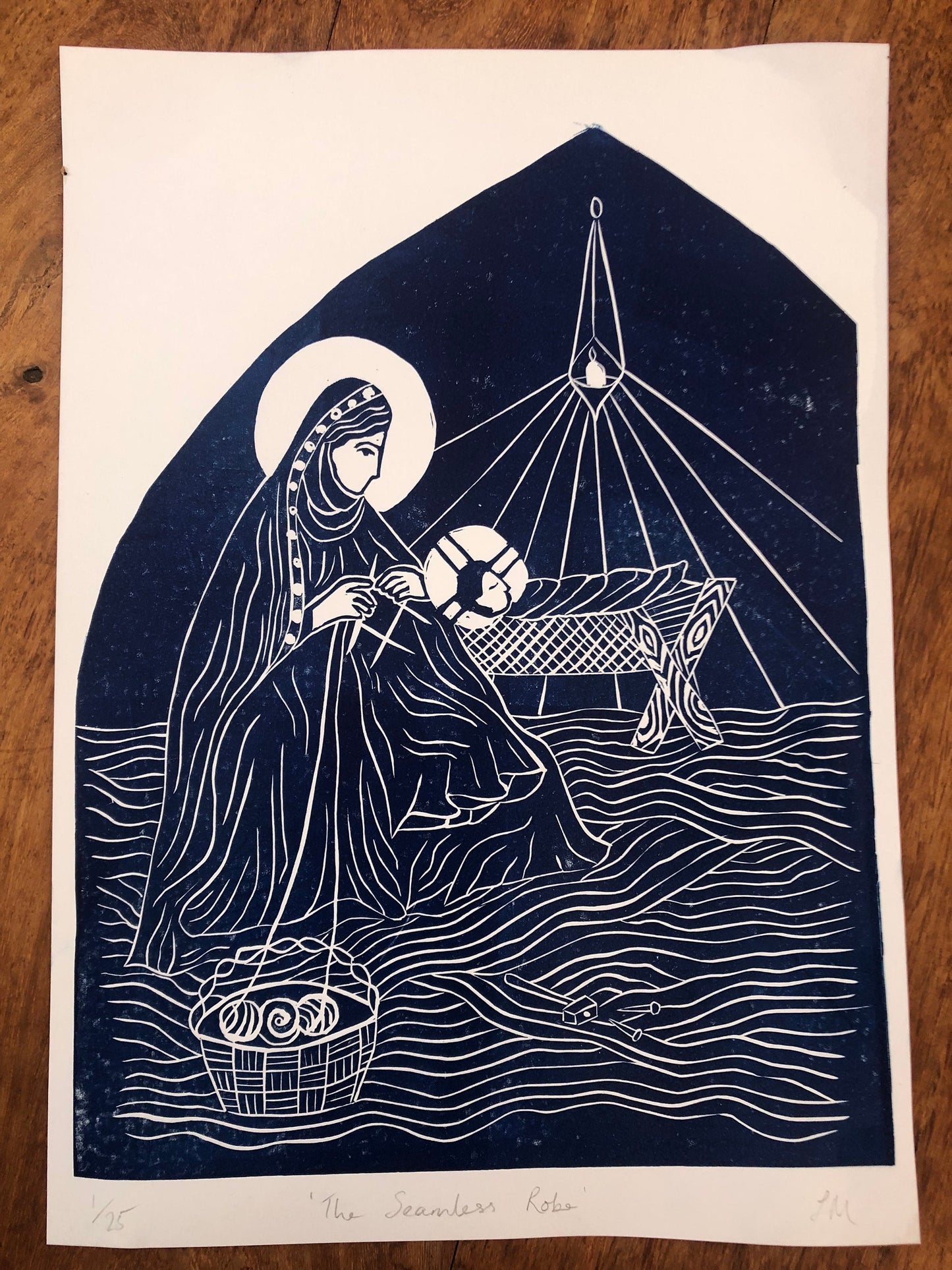 'The Seamless Robe' A4 Linocut Print (Knitting Madonna)