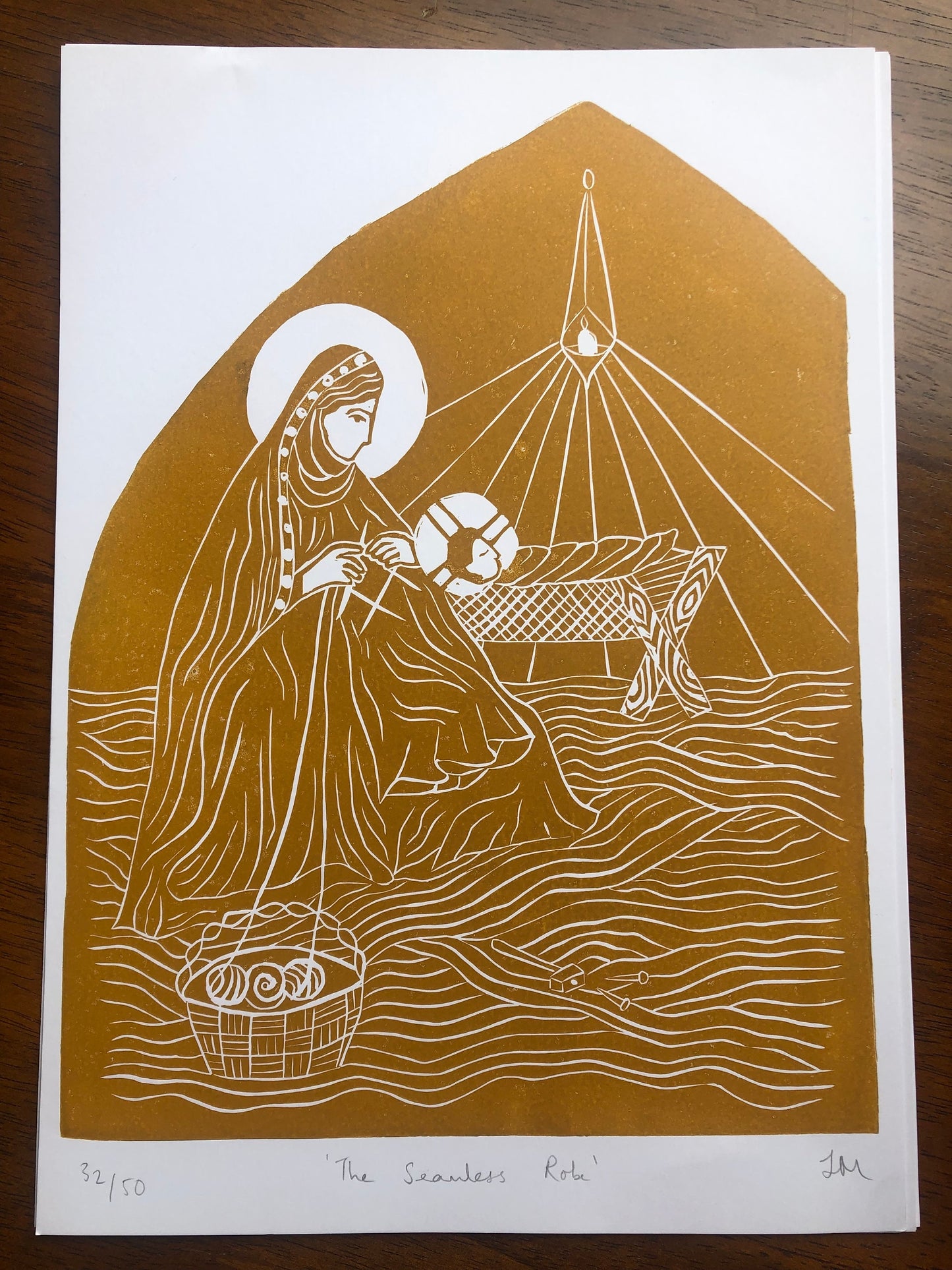 'The Seamless Robe' A4 Linocut Print (Knitting Madonna)