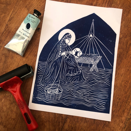 'The Seamless Robe' A4 Linocut Print (Knitting Madonna)