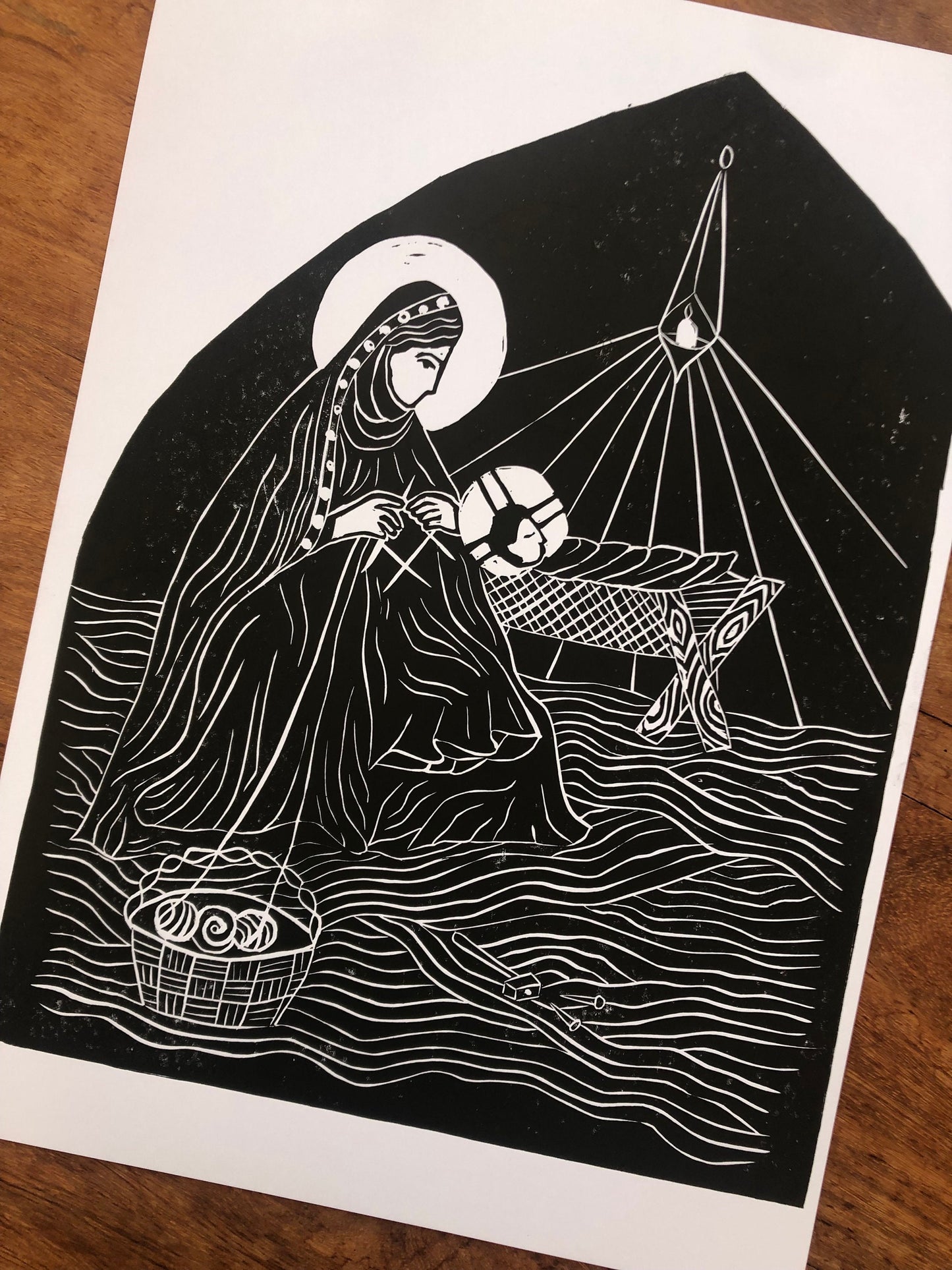 'The Seamless Robe' A4 Linocut Print (Knitting Madonna)